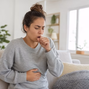 Woman holding her side with rib pain from coughing