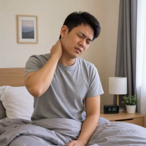 Man sitting on his bed holding his stiff neck in the morning